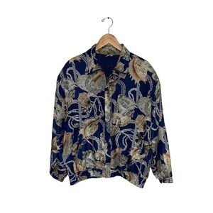 coAco Vintage Silk Navy Seashell‎ Print Bomber Jacket Women’s Large